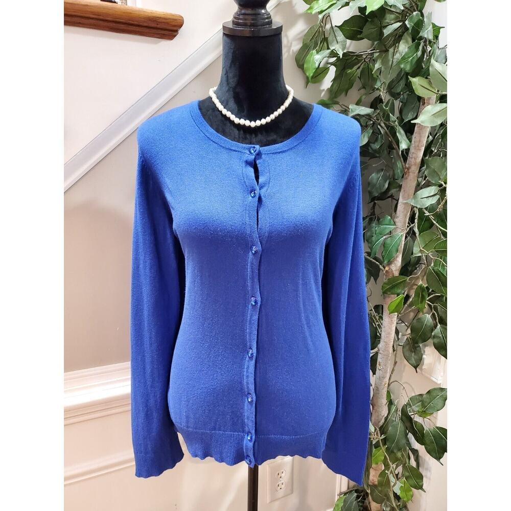 NY & Company Women's Blue Cotton Round Neck Long Sleeve Cardigan Sweater 2XL